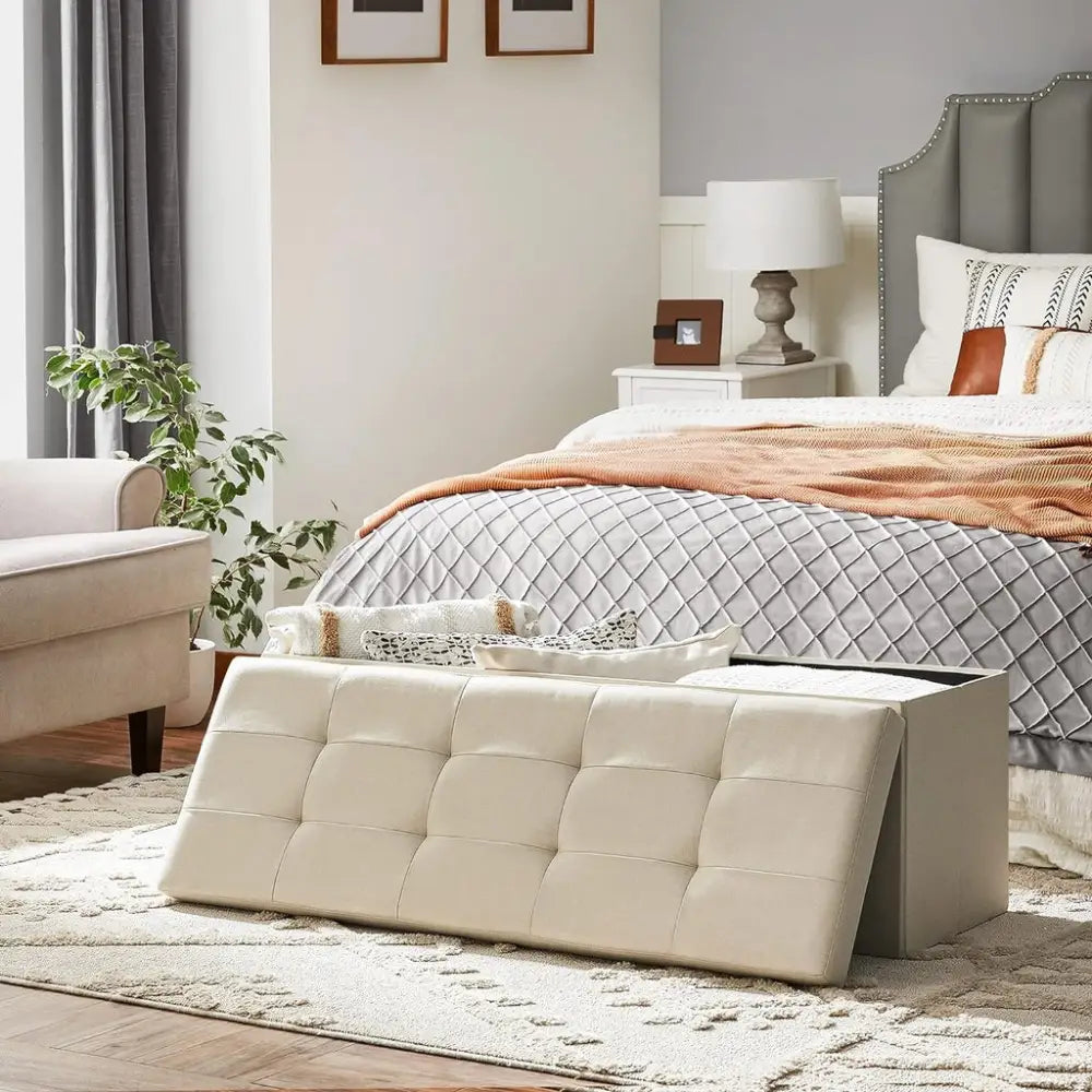 SONGMICS 109cm Folding Storage Ottoman Bench Beige - Furniture > Living Room > Ottomans & Footstools