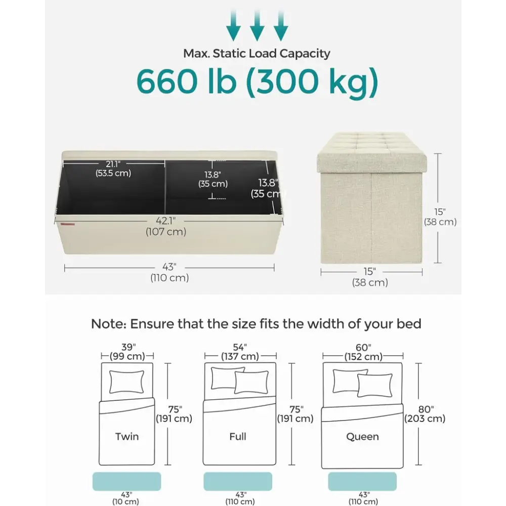 SONGMICS 109cm Folding Storage Ottoman Bench Beige - Furniture > Living Room > Ottomans & Footstools