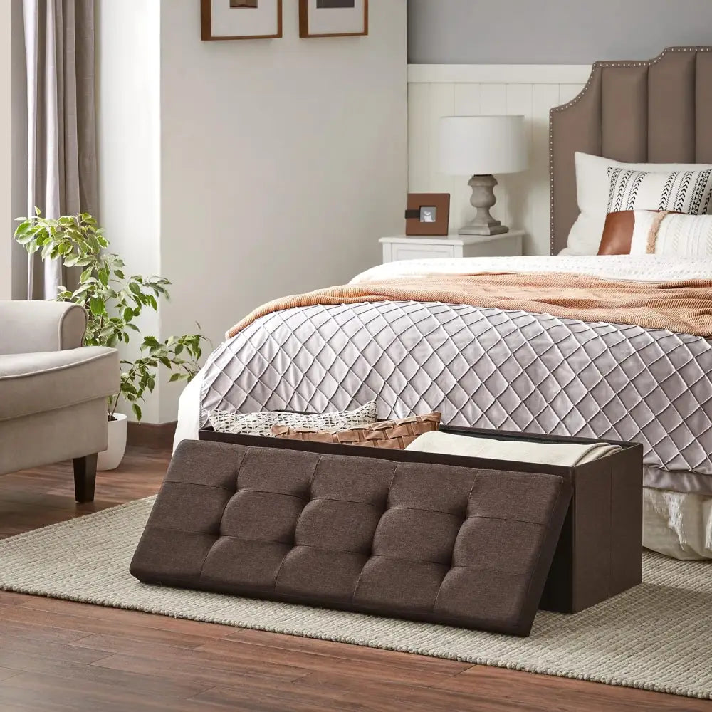SONGMICS 109cm Folding Storage Ottoman Bench with Storage Space Brown - Furniture > Living Room