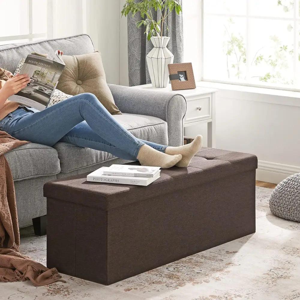 SONGMICS 109cm Folding Storage Ottoman Bench with Storage Space Brown - Furniture > Living Room