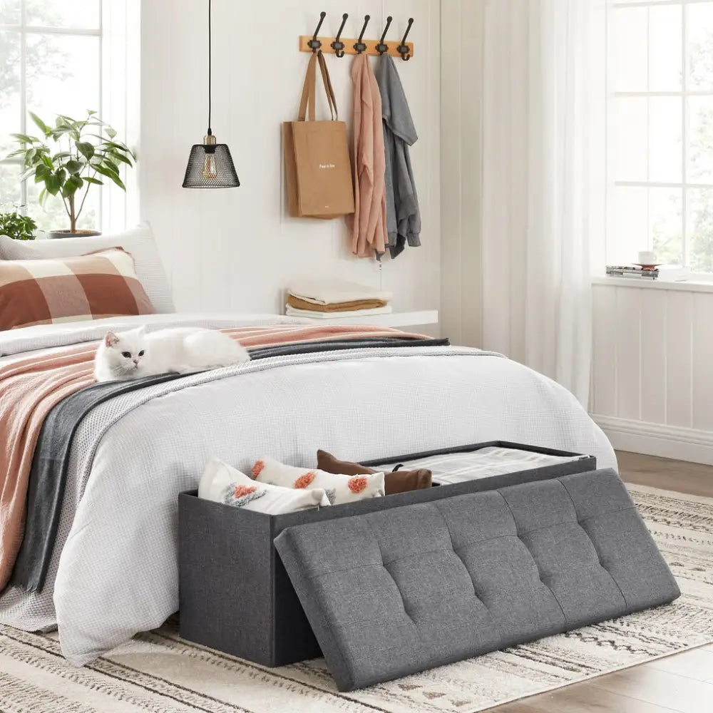 SONGMICS 110cm Folding Storage Ottoman Bench Foot Rest Stool Dark Gray - Furniture > Living Room