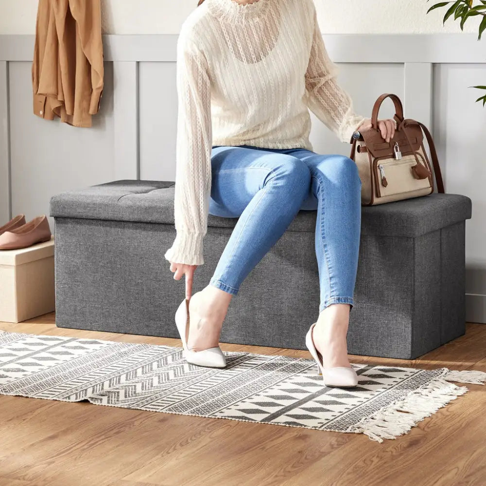 SONGMICS 110cm Folding Storage Ottoman Bench Foot Rest Stool Dark Gray - Furniture > Living Room