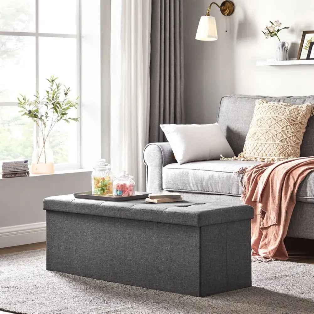 SONGMICS 110cm Folding Storage Ottoman Bench Foot Rest Stool Dark Gray - Furniture > Living Room