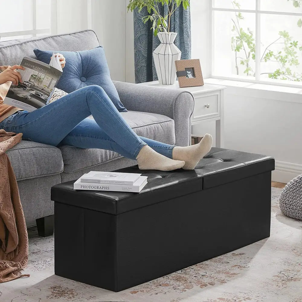 SONGMICS 110cm Folding Storage Ottoman Bench with Flipping Lid Footrest Black - Furniture > Living Room