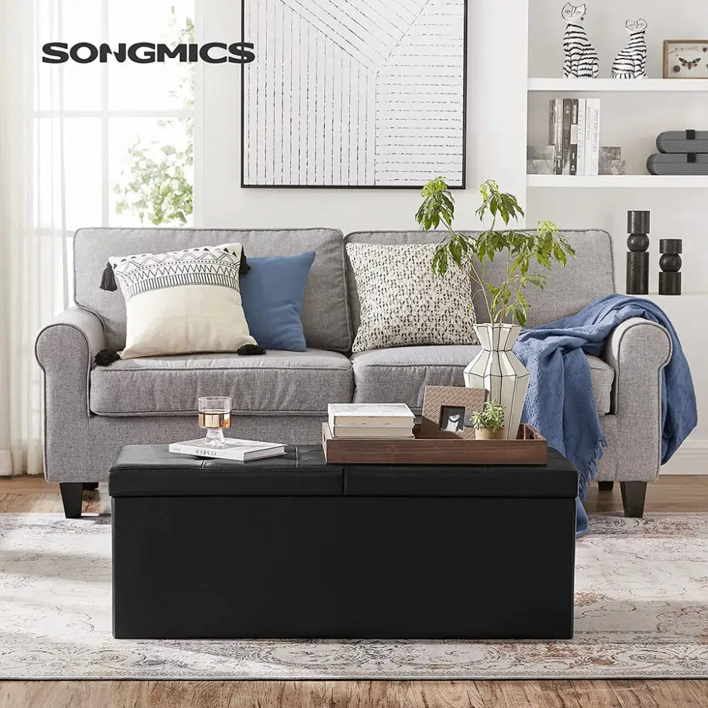 SONGMICS 110cm Folding Storage Ottoman Bench with Flipping Lid Footrest Black - Furniture > Living Room