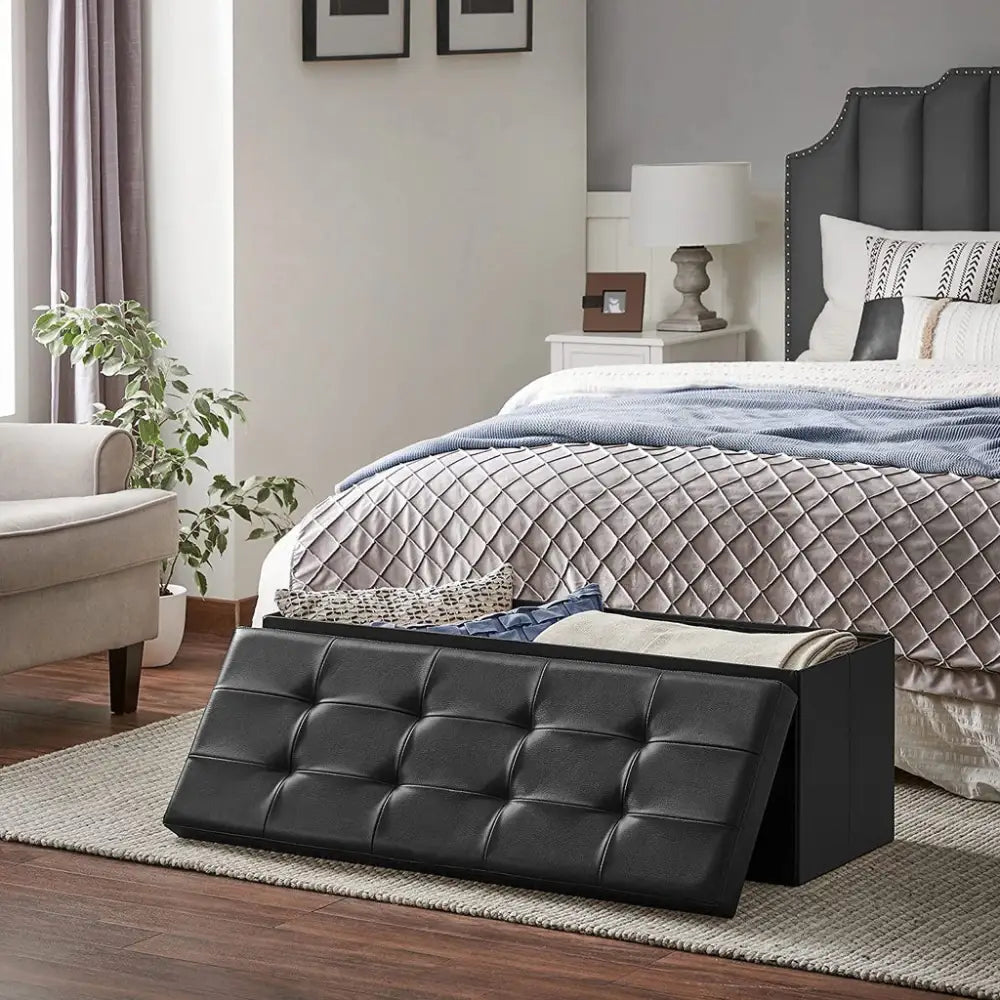 SONGMICS 110cm Folding Storage Ottoman Bench with Flipping Lid Footrest Black - Furniture > Living Room