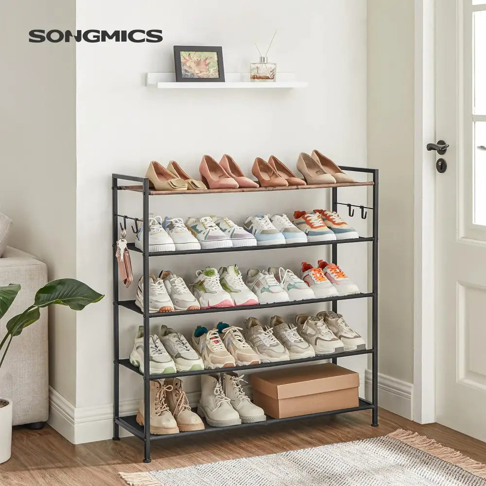 SONGMICS 5 Tier Shoe Rack Storage Organizer for 20-25 Pairs with 4 Hooks Rustic Brown LMR035B01 - Home & Garden >