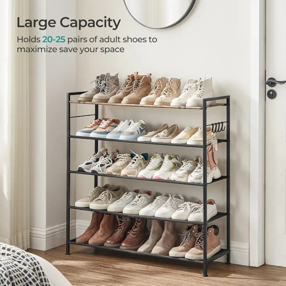 SONGMICS 5 Tier Shoe Rack Storage Organizer for 20-25 Pairs with 4 Hooks Rustic Brown LMR035B01 - Home & Garden >