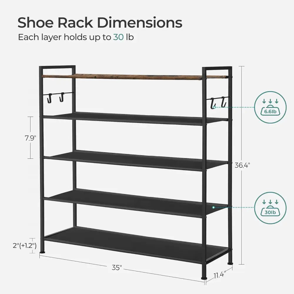 SONGMICS 5 Tier Shoe Rack Storage Organizer for 20-25 Pairs with 4 Hooks Rustic Brown LMR035B01 - Home & Garden >