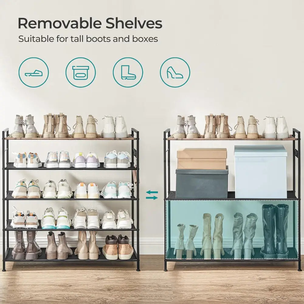 SONGMICS 5 Tier Shoe Rack Storage Organizer for 20-25 Pairs with 4 Hooks Rustic Brown LMR035B01 - Home & Garden >