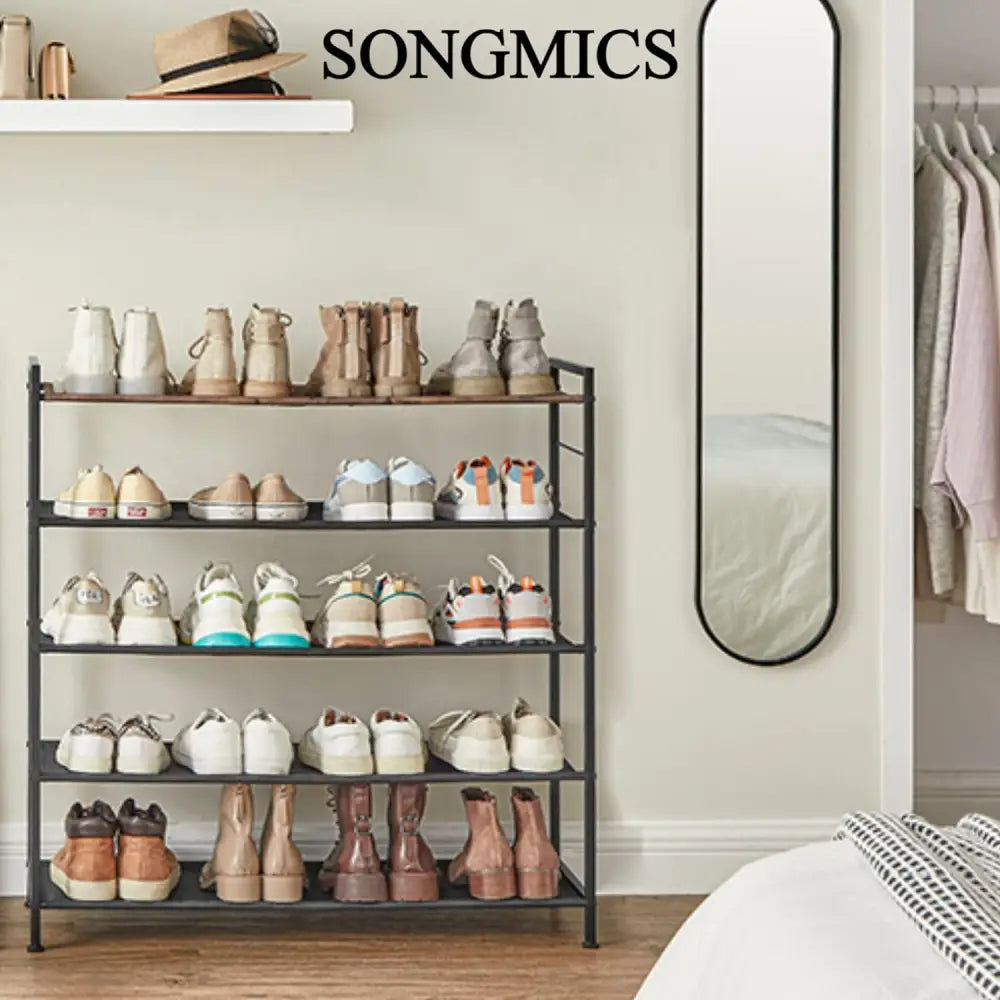 SONGMICS 5 Tier Shoe Rack Storage Organizer for 20-25 Pairs with 4 Hooks Rustic Brown LMR035B01 - Home & Garden >