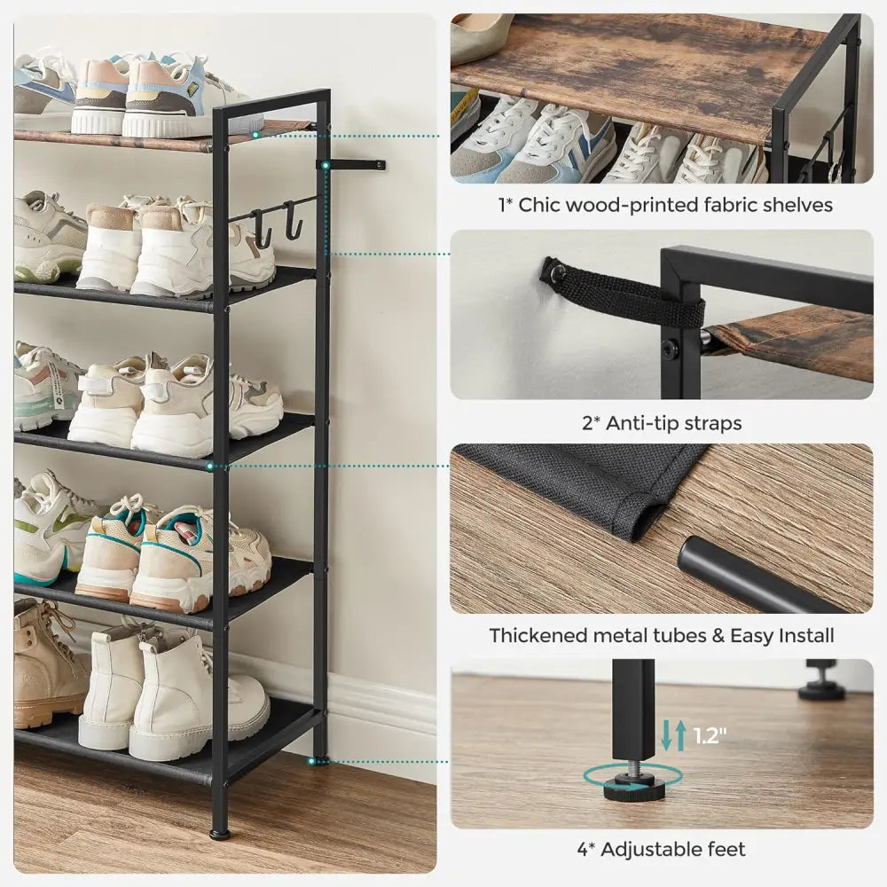 SONGMICS 5 Tier Shoe Rack Storage Organizer for 20-25 Pairs with 4 Hooks Rustic Brown LMR035B01 - Home & Garden >