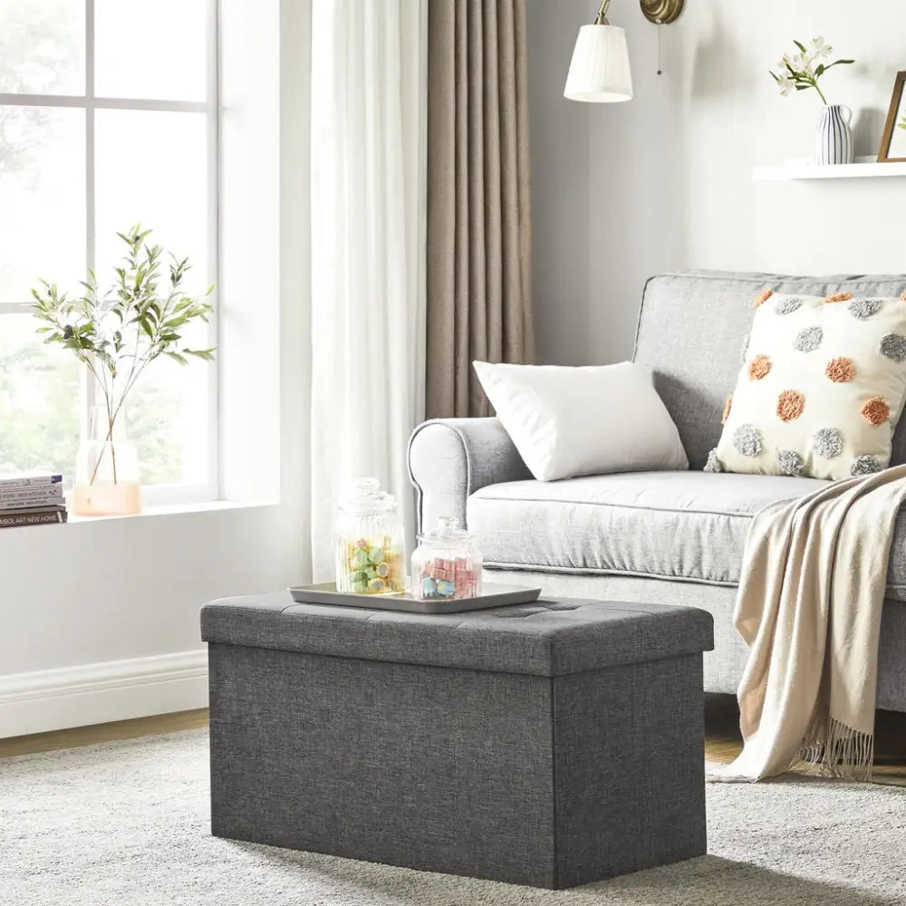 SONGMICS 76cm Folding Storage Ottoman Bench Foot Rest Stool Dark Gray - Furniture > Living Room