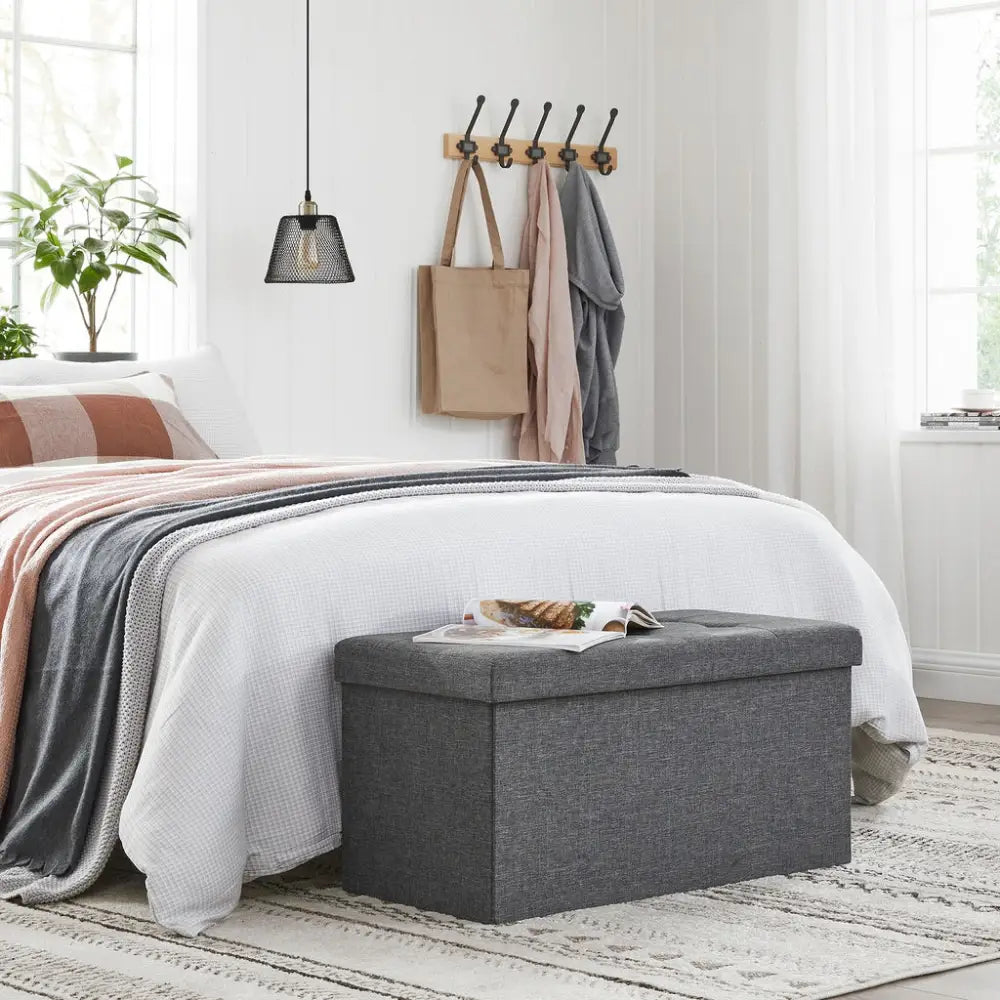 SONGMICS 76cm Folding Storage Ottoman Bench Foot Rest Stool Dark Gray - Furniture > Living Room
