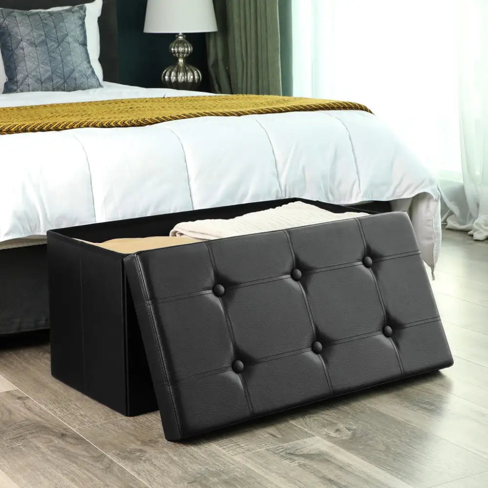 SONGMICS 76cm Folding Storage Ottoman Bench Footrest Black - Furniture > Living Room