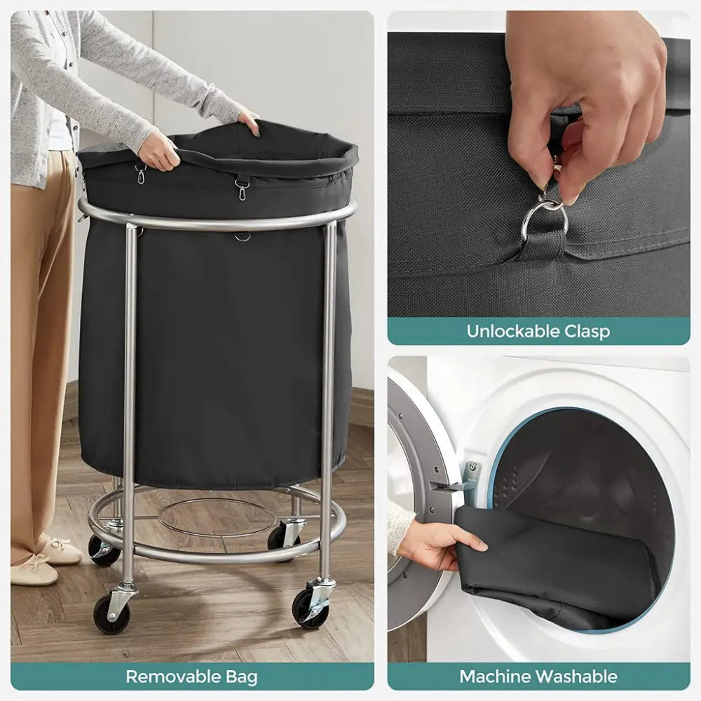 SONGMICS Laundry Basket with Wheels with Steel Frame and Removable Bag Black RLS001B01 - Home & Garden > Laundry &