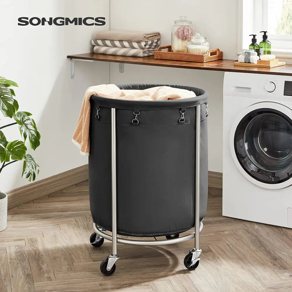 SONGMICS Laundry Basket with Wheels with Steel Frame and Removable Bag Black RLS001B01 - Home & Garden > Laundry &