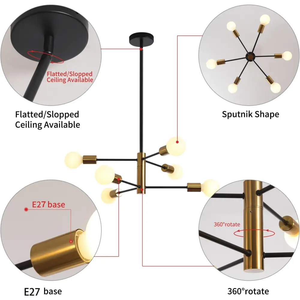 Sputnik Chandelier Modern Industrial 6-Light Black & Gold - Home & Garden > Lighting