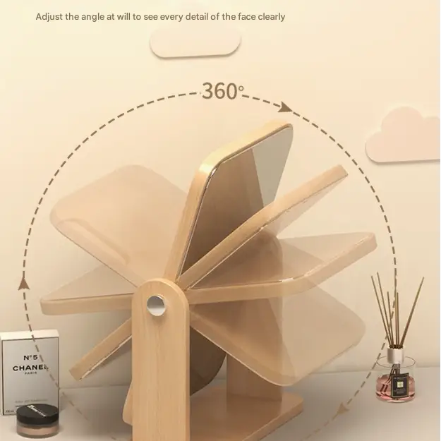 Square Rotating Mirror Tabletop Makeup Mirror - Large Wooden Swivel Vanity Mirror for Desk - Home & Garden > Decor >