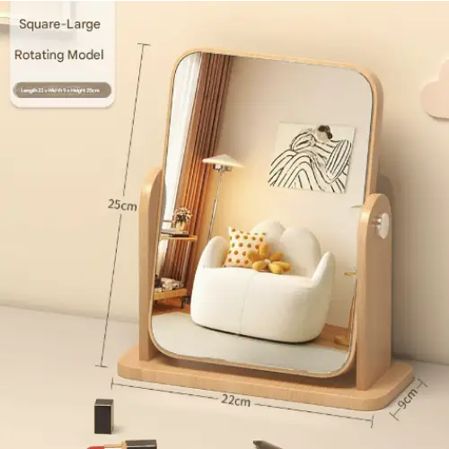 Square Rotating Mirror Tabletop Makeup Mirror - Large Wooden Swivel Vanity Mirror for Desk - Home & Garden > Decor >