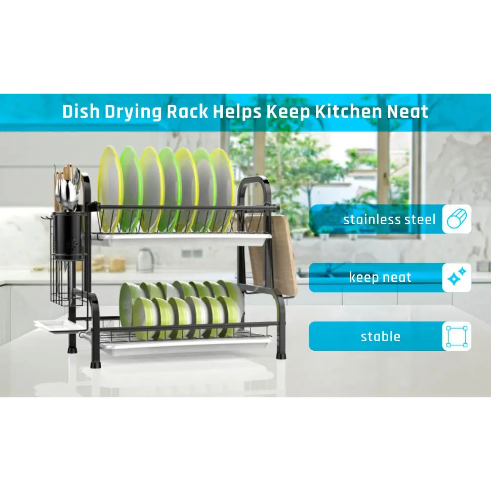 Stainless Steel 2-Tier Dish Drying Rack with Utensil Holder Cutting Board Holder and Dish Drainer for Kitchen Counter