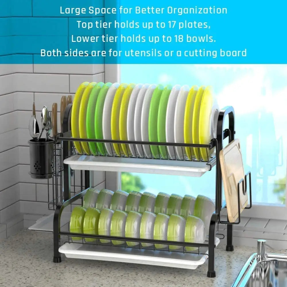 Stainless Steel 2-Tier Dish Drying Rack with Utensil Holder Cutting Board Holder and Dish Drainer for Kitchen Counter
