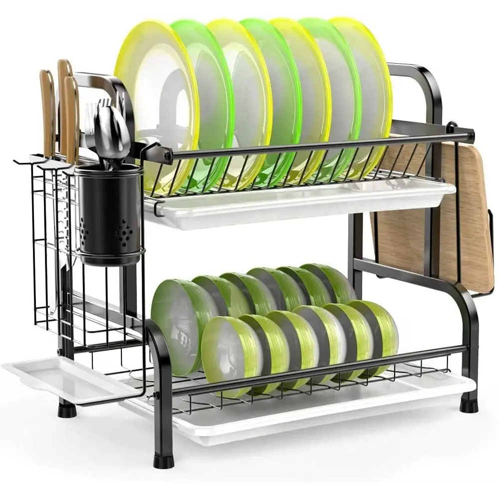 Stainless Steel 2-Tier Dish Drying Rack with Utensil Holder Cutting Board Holder and Dish Drainer for Kitchen Counter