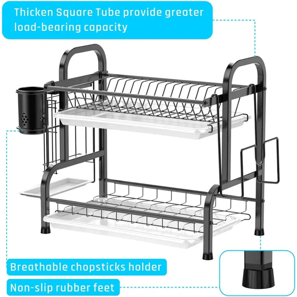 Stainless Steel 2-Tier Dish Drying Rack with Utensil Holder Cutting Board Holder and Dish Drainer for Kitchen Counter