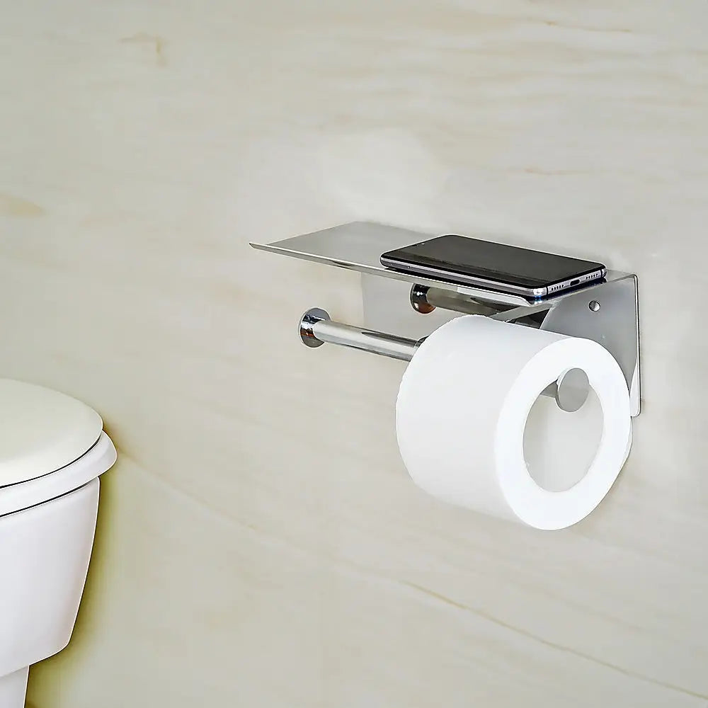 Stainless Steel Double Toilet Paper Holder Towel Roll Tissue Rack Storage Shelf - Home & Garden > DIY > Kitchen &