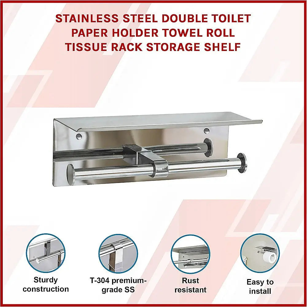 Stainless Steel Double Toilet Paper Holder Towel Roll Tissue Rack Storage Shelf - Home & Garden > DIY > Kitchen &