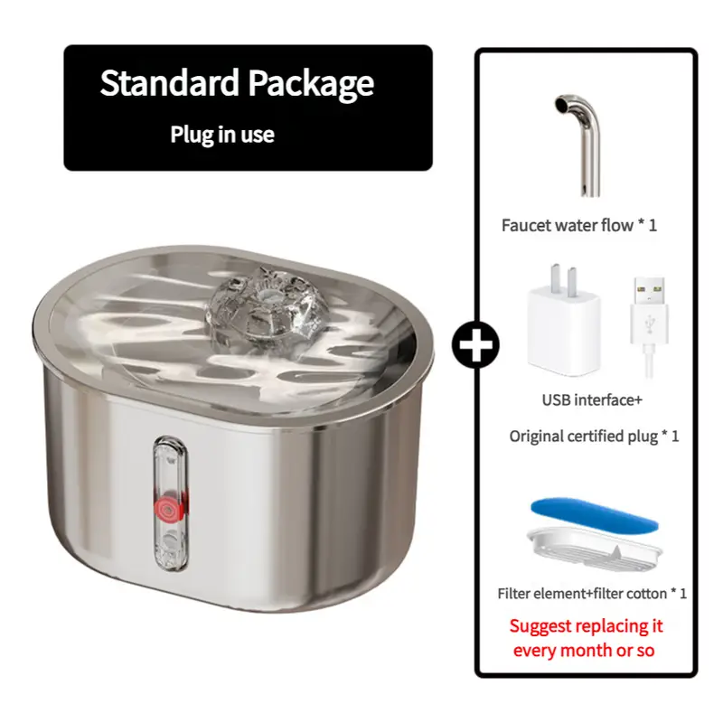 Standard Package Stainless Steel Pet Water Fountain with Faucet Flow and USB Plug - Pet Care > Cat Supplies > Cat Bowls