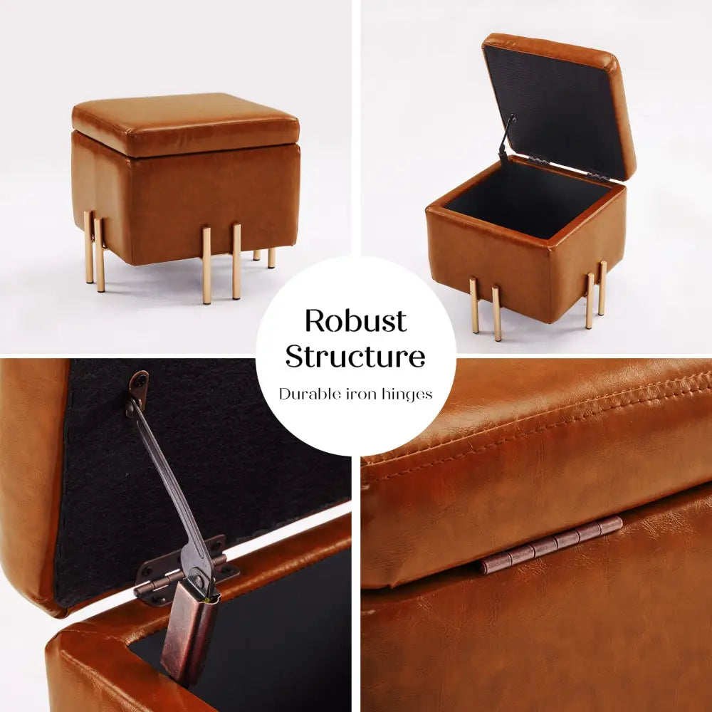 Storage Ottoman Foot Stool Cube Tuffet Seat 45cm PU Leather BROWN - Furniture > Bedroom