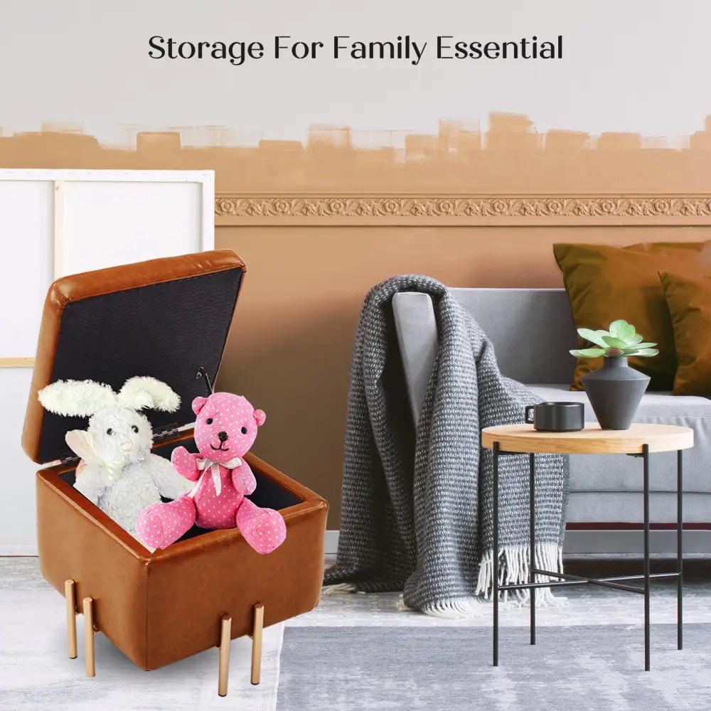 Storage Ottoman Foot Stool Cube Tuffet Seat 45cm PU Leather BROWN - Furniture > Bedroom
