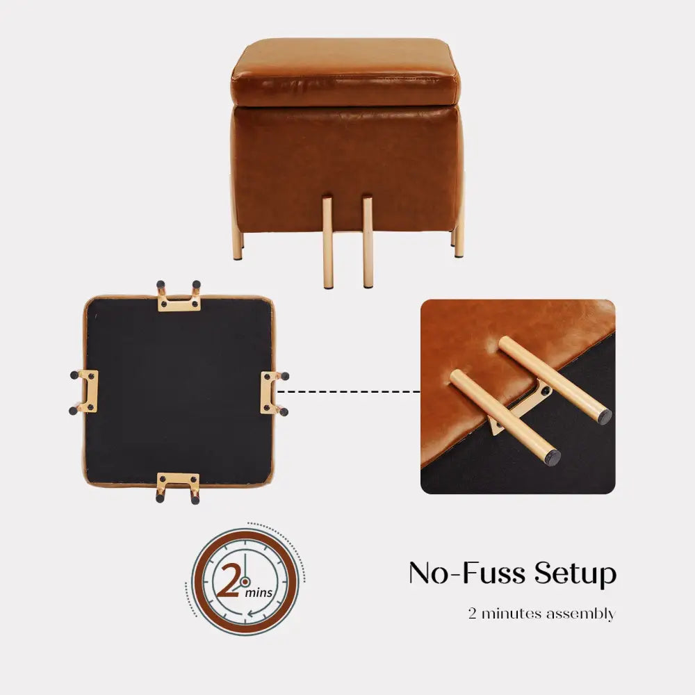 Storage Ottoman Foot Stool Cube Tuffet Seat 45cm PU Leather BROWN - Furniture > Bedroom