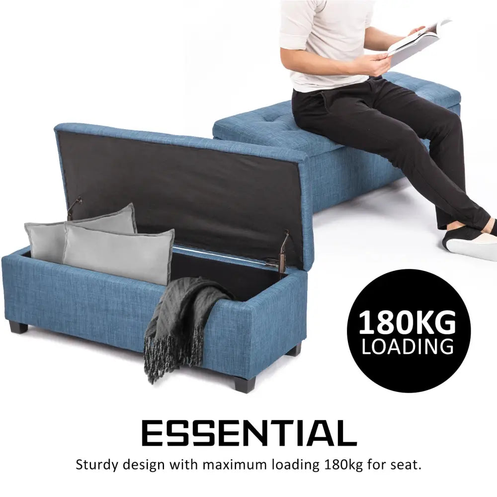 Storage Ottoman Stool 102cm Fabric DARK BLUE - Furniture > Bedroom