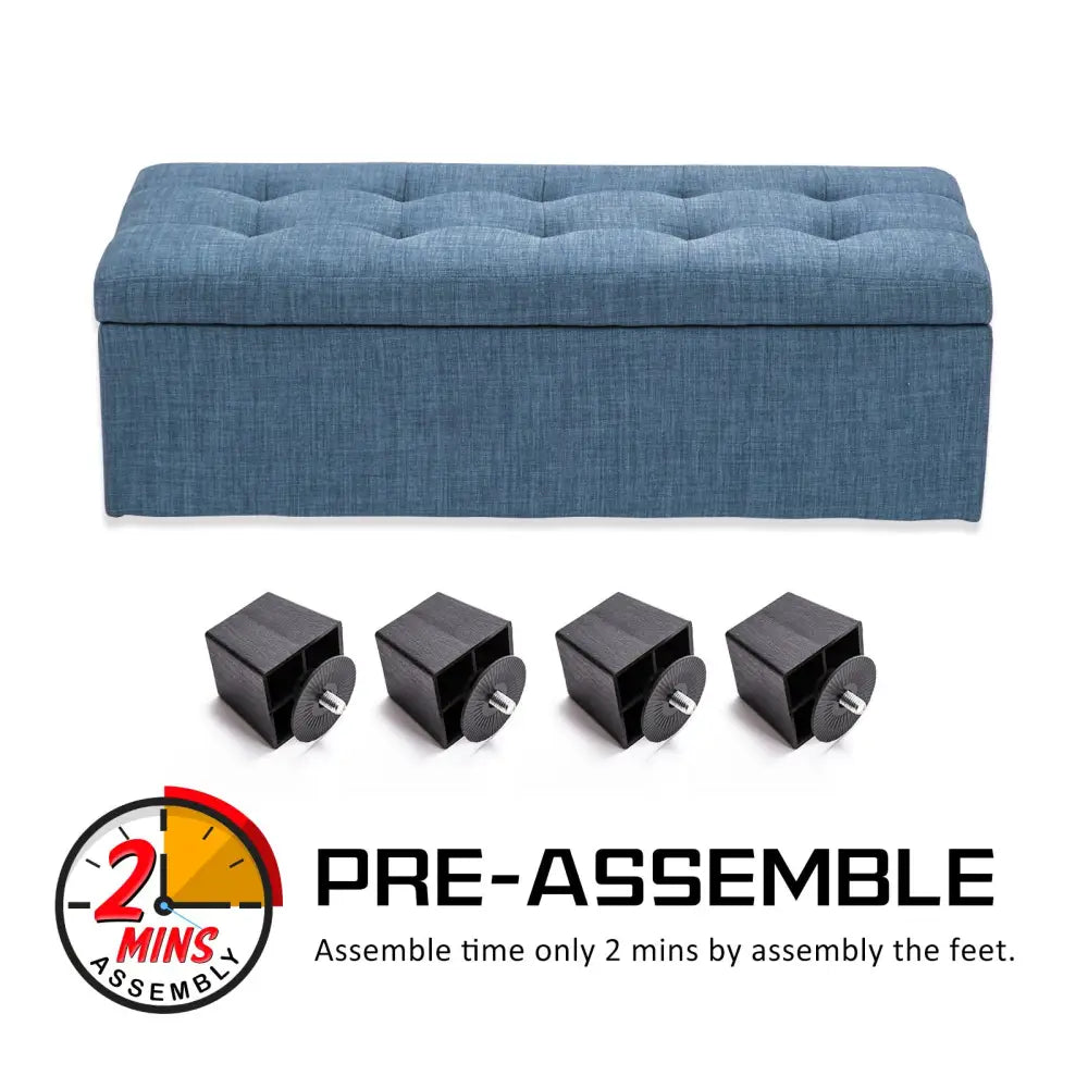 Storage Ottoman Stool 102cm Fabric DARK BLUE - Furniture > Bedroom