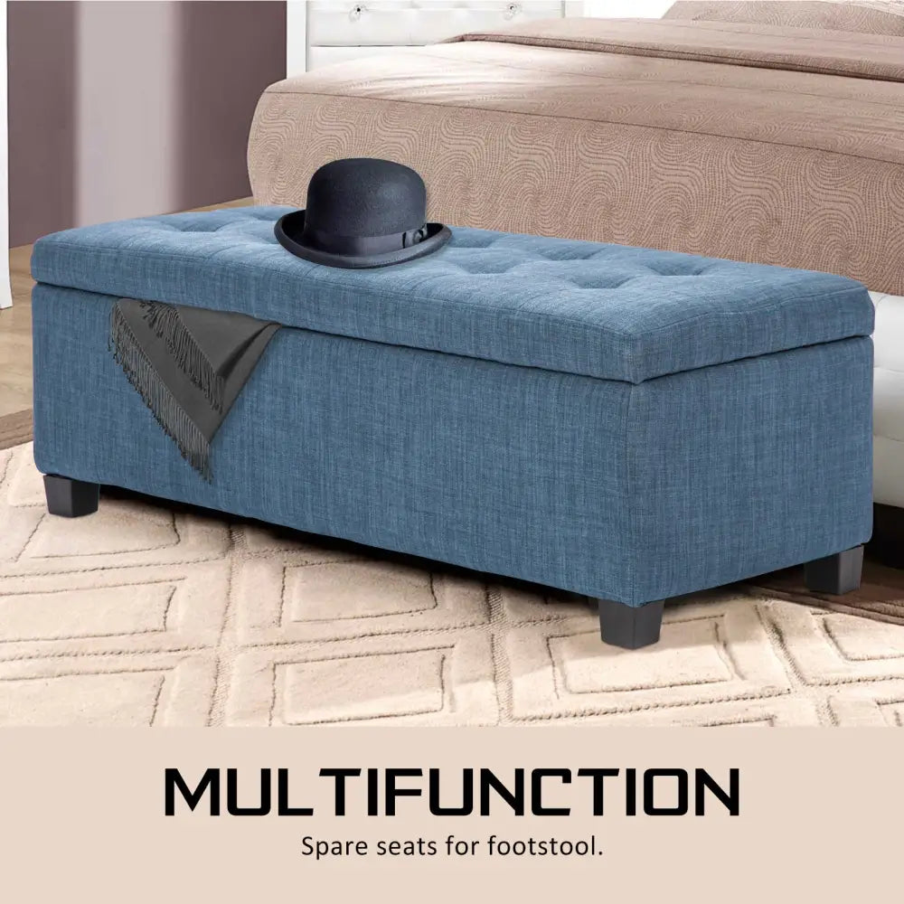 Storage Ottoman Stool 102cm Fabric DARK BLUE - Furniture > Bedroom