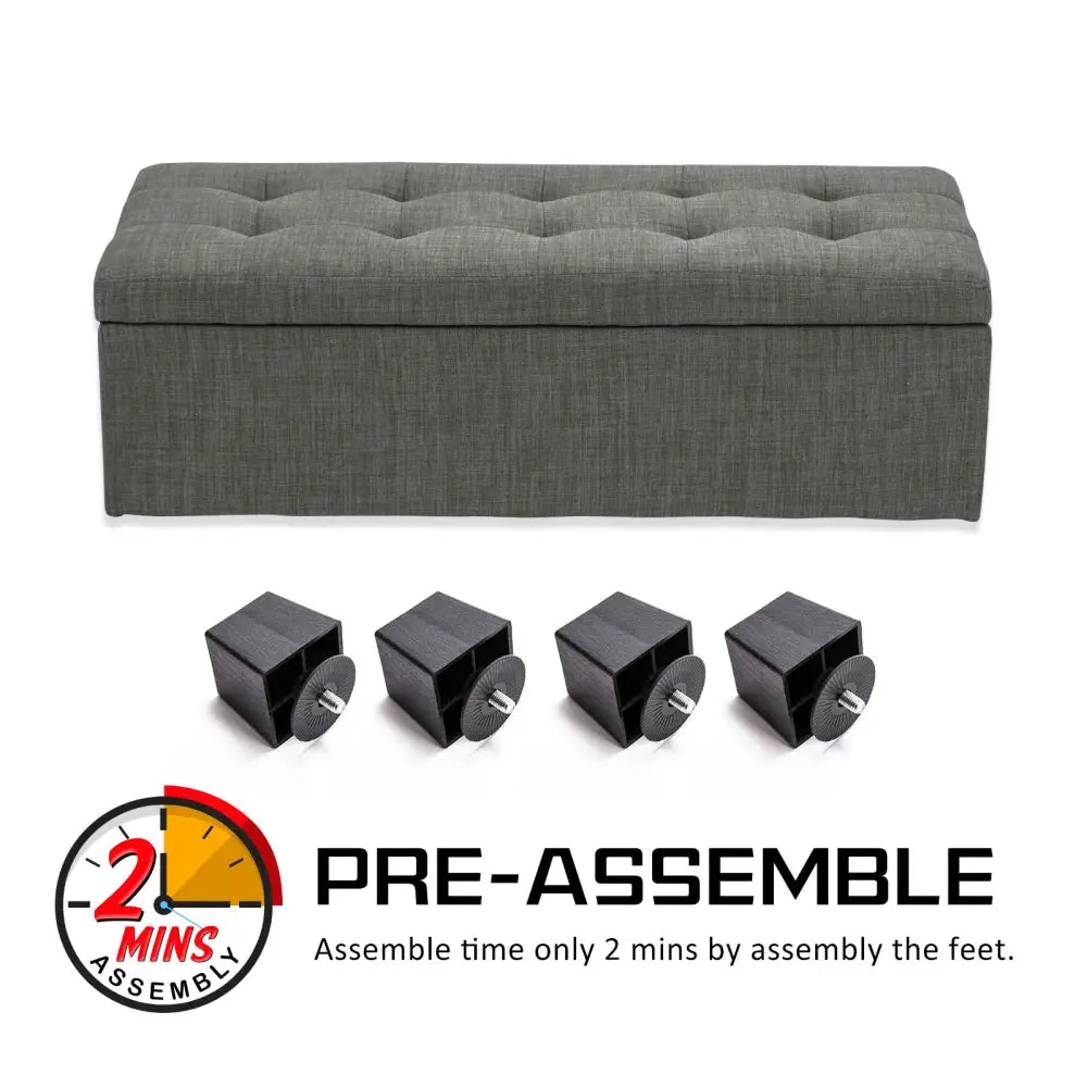 Storage Ottoman Stool 102cm Fabric DARK GREY - Furniture > Bedroom