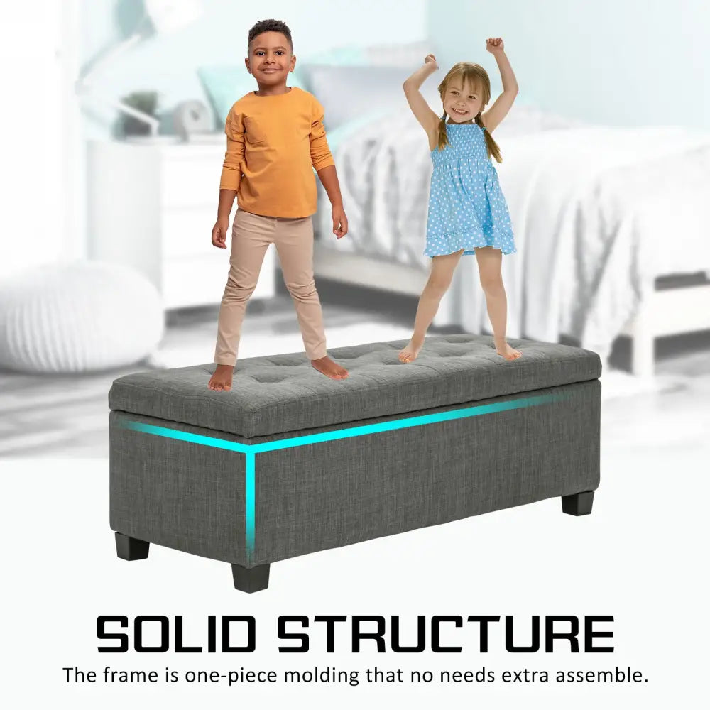 Storage Ottoman Stool 102cm Fabric DARK GREY - Furniture > Bedroom