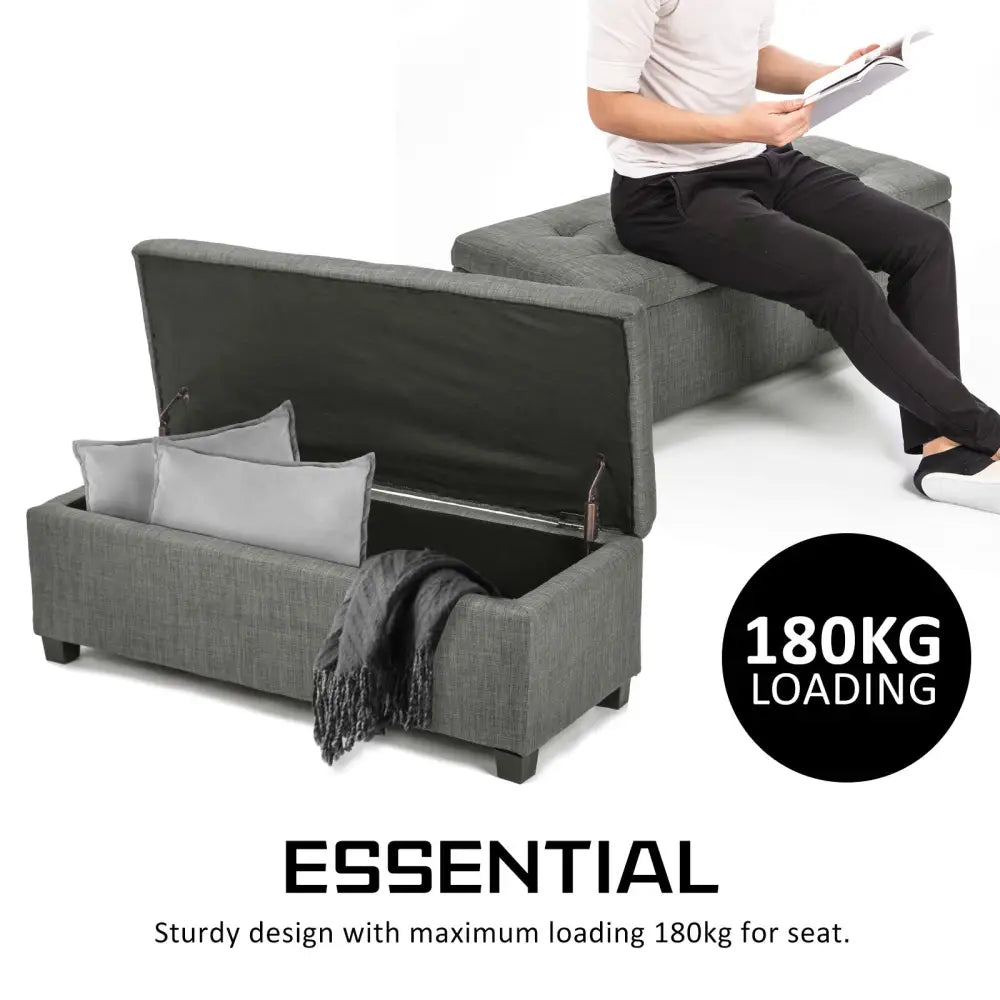 Storage Ottoman Stool 102cm Fabric DARK GREY - Furniture > Bedroom