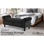 Storage Ottoman Stool Arm Bench Seat 132cm Velvet BLACK - Furniture > Bedroom