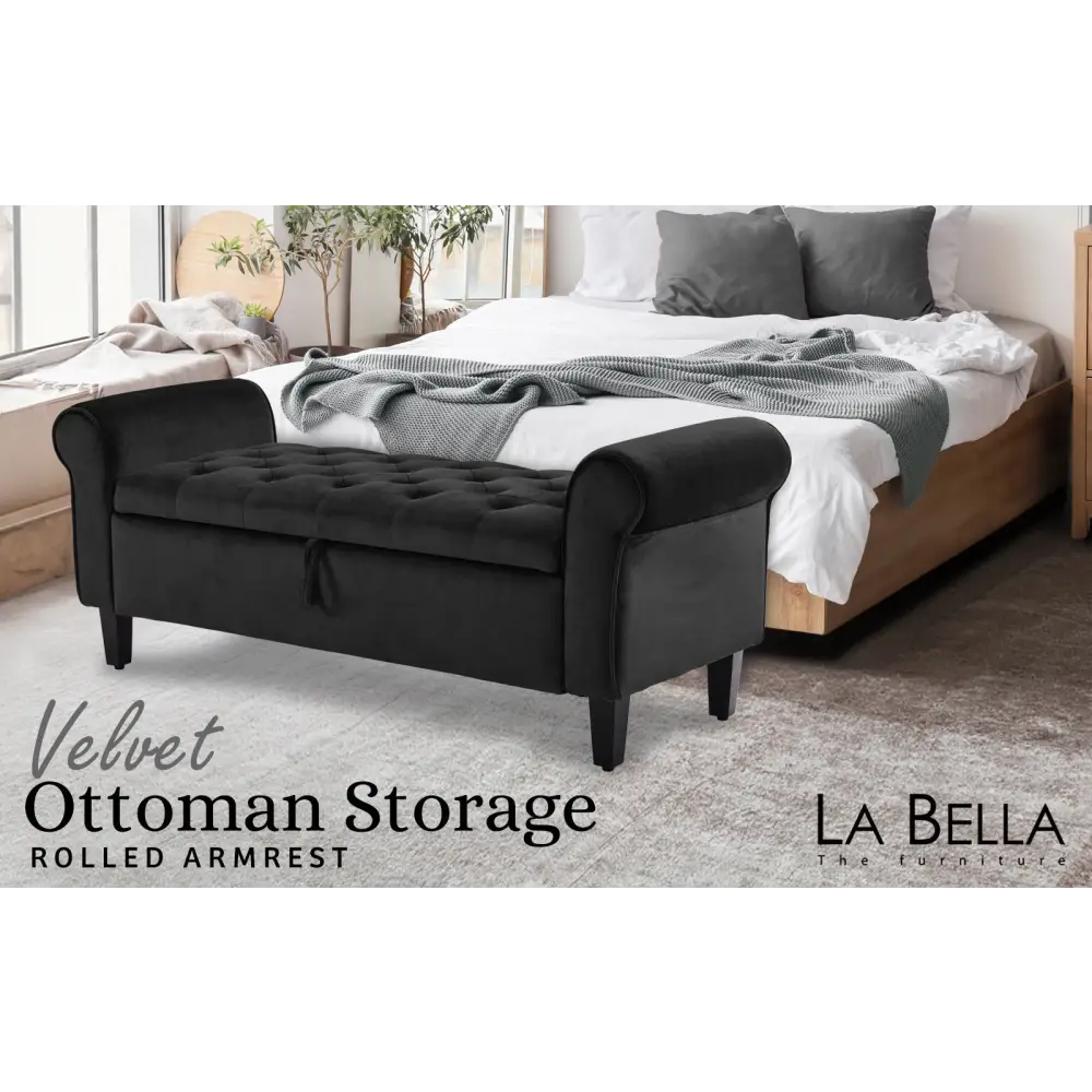 Storage Ottoman Stool Arm Bench Seat 132cm Velvet BLACK - Furniture > Bedroom