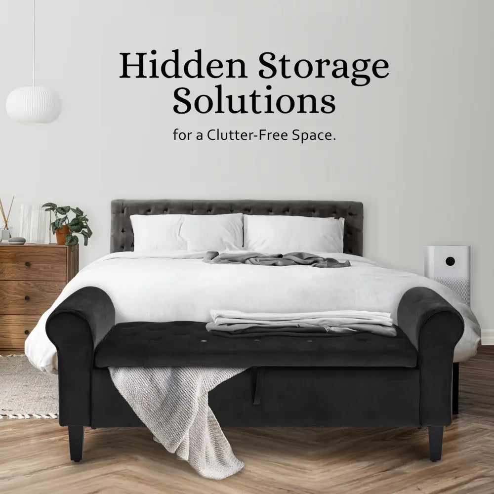 Storage Ottoman Stool Arm Bench Seat 132cm Velvet BLACK - Furniture > Bedroom