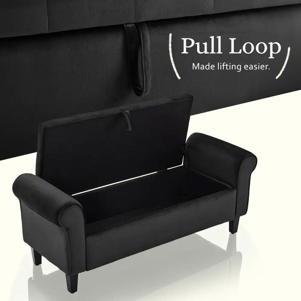 Storage Ottoman Stool Arm Bench Seat 132cm Velvet BLACK - Furniture > Bedroom
