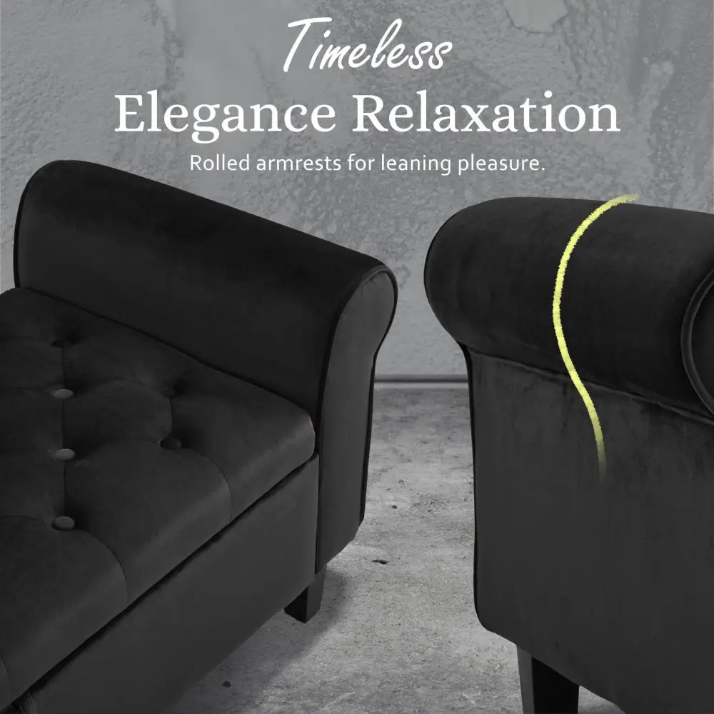 Storage Ottoman Stool Arm Bench Seat 132cm Velvet BLACK - Furniture > Bedroom