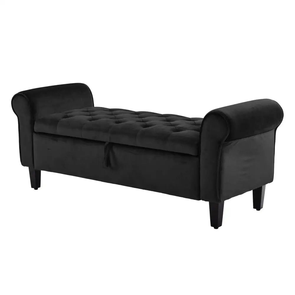 Storage Ottoman Stool Arm Bench Seat 132cm Velvet BLACK - Furniture > Bedroom