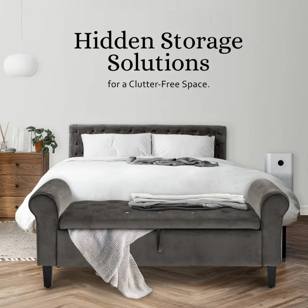 Storage Ottoman Stool Arm Bench Seat 132cm Velvet GREY - Furniture > Bedroom