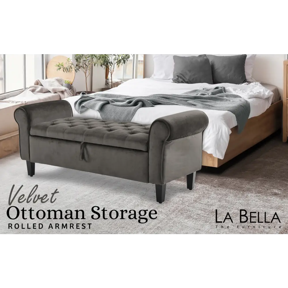 Storage Ottoman Stool Arm Bench Seat 132cm Velvet GREY - Furniture > Bedroom