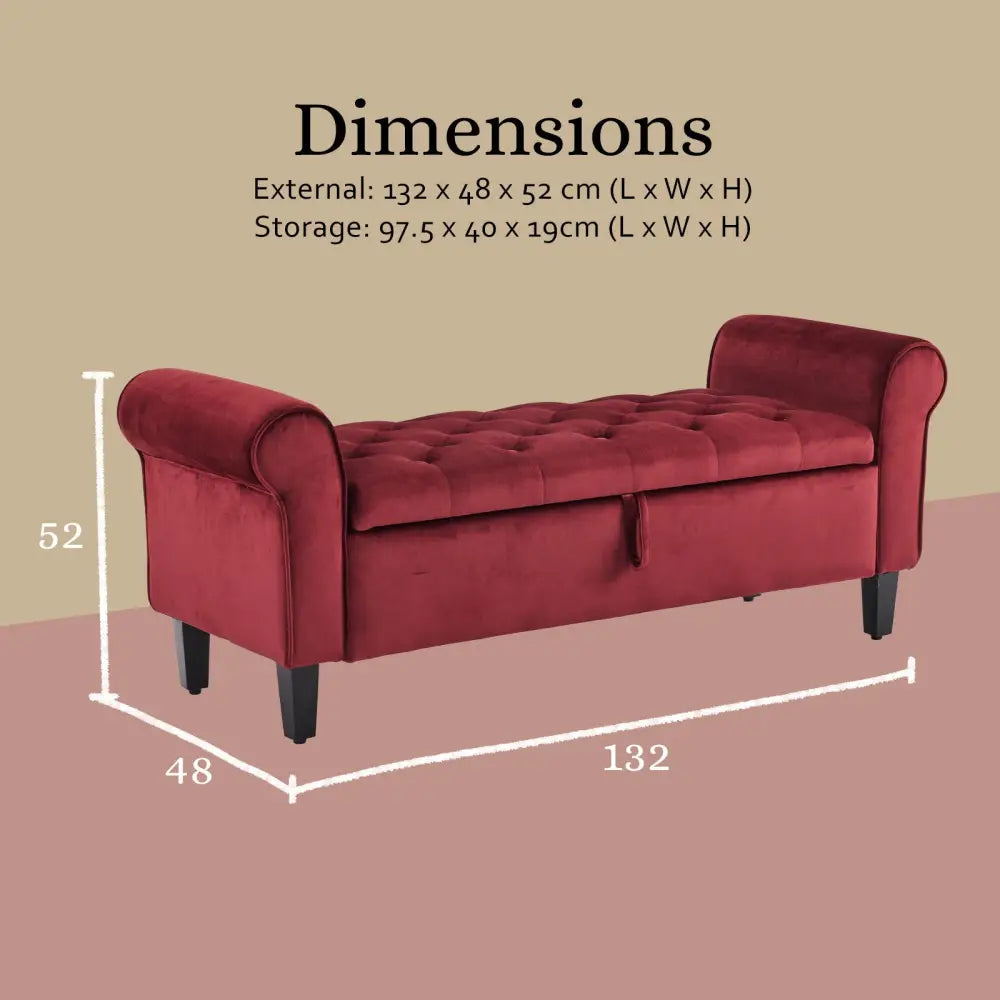 Storage Ottoman Stool Arm Bench Seat 132cm Velvet RED - Furniture > Bedroom