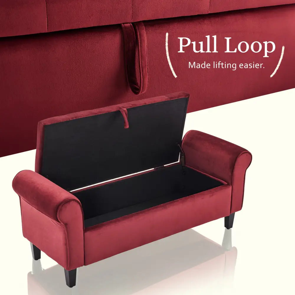 Storage Ottoman Stool Arm Bench Seat 132cm Velvet RED - Furniture > Bedroom